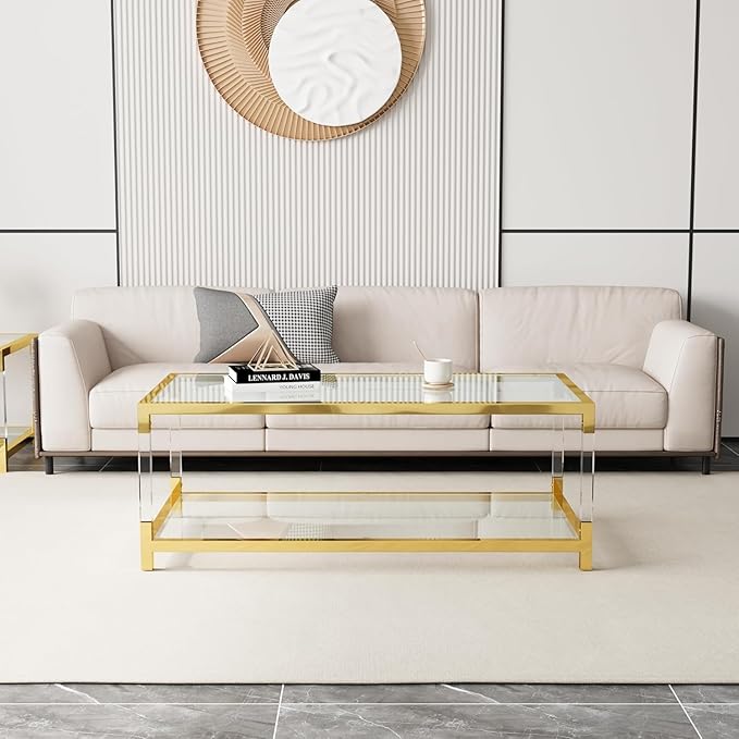 47 inch Glass Coffee Table with Gold Chrome Metal Base, 2-Tier Rectangle Clear Glass Center Table Tea Tables, Modern Coffee Table Living Room Table Cocktail Table, 47" Acrylic Center Tables