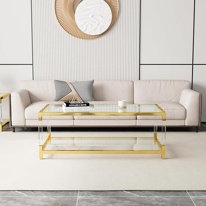 47 inch Glass Coffee Table with Gold Chrome Metal Base, 2-Tier Rectangle Clear Glass Center Table Tea Tables, Modern Coffee Table Living Room Table Cocktail Table, 47" Acrylic Center Tables