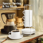 Load image into Gallery viewer, 8 Ounce Porcelain Cappuccino Cups with Saucers and Stainless Steel Stand, Stackable Espresso Cups Set of 4, White Ceramic Coffee Mugs for Home, Office, Cafe or Gift