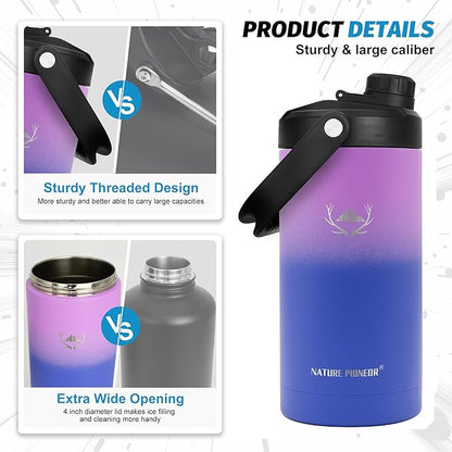 NATURE PIONEOR Insulated Water Bottles with Strap - 64 oz Stainless Steel Vacuum Wide Mouth Bottle with Holder/Carrier/Sleeve - 18/8 Food Grade 64oz Half Gallon Water Jug