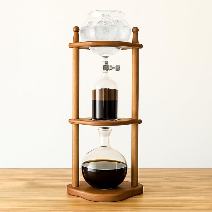 Nispira Cold Brew coffee Maker Ice Coffee Drip Machine with Advanced Slow Drip Technology Borosilicate Glass with Wood Tower, 6-8 Cup, Brown