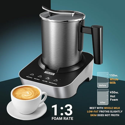 4-in-1 Electric Milk Frother and Steamer, Large 13.5oz Stainless Steel Pitcher, Hot & Cold Foam Maker and Milk Warmer for Lattes, Cappuccinos, Macchiato,Hot Chocolate, Dishwasher Safe