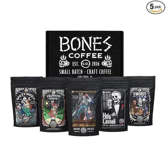 Bones Coffee Company NEW Favorite Flavors Sample Pack, Assorted Flavored Coffee Low Acid Medium Roast Arabica Beans Specialty Coffee Gifts, Auto Drip and French Press Compatible, 4 oz Pack of 5 Ground