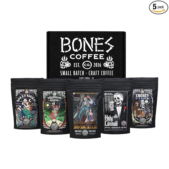 Bones Coffee Company NEW Favorite Flavors Sample Pack, Assorted Flavored Coffee Medium Roast Arabica Beans Specialty Coffee Gifts, Auto Drip and French Press Compatible, 4 oz Pack of 5 Whole Bean