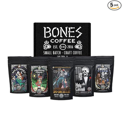 Bones Coffee Company NEW Favorite Flavors Sample Pack, Assorted Flavored Coffee Medium Roast Arabica Beans Specialty Coffee Gifts, Auto Drip and French Press Compatible, 4 oz Pack of 5 Whole Bean