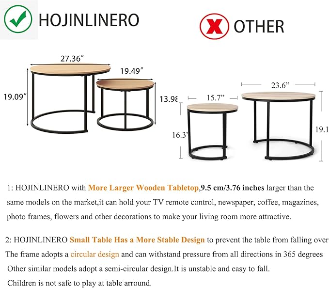Round Coffee Table Set of 2 End Table for Living Room,Stacking Side Tables,Sturdy& Easy Assembly,Wood Look Accent Furniture with Metal Frame,Industrial/Modern Coffee Table White+Teak OAKDK