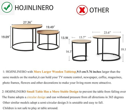 Round Coffee Table Set of 2 End Table for Living Room,Stacking Side Tables,Sturdy& Easy Assembly,Wood Look Accent Furniture with Metal Frame,Industrial/Modern Coffee Table White+Teak OAKDK