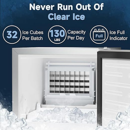 Coolski 15" W Commercial Under Counter Ice Maker Machine, 130 Lbs/Day Auto-Cleaning, 30 Lbs Storage, Stainless Steel Built-in Freestanding Ice Maker for Home Bar Restaurant Outdoor