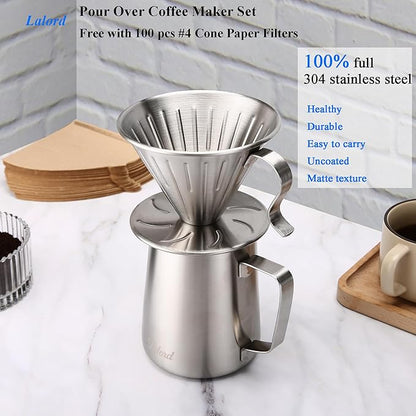 Pour Over Coffee Maker, 304 Stainless Steel wIth 100 pcs Size 02 Cone Paper Filters & 600ml Milk Frothing Pitcher, for Home & Camping