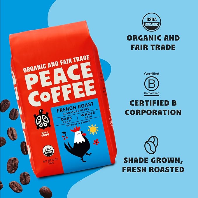 Peace Coffee French Roast | 20 oz Ground Dark Roast | Organic Fair Trade | Soft, Gentle Flavor | Shade Grown, Fresh Roasted