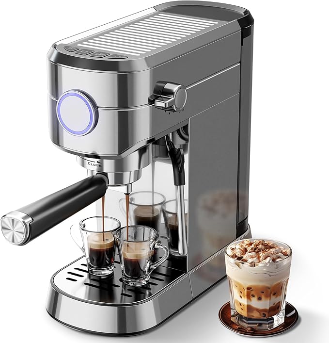 Crzoe Espresso Machine 20 Bar, Compact 1350W Espresso Maker with Steam Milk Frother, Semi-Automatic Coffee Machine, Fast Heating, for Cappuccino, Latte, 1.2L Removable Water Tank (Stainless Steel