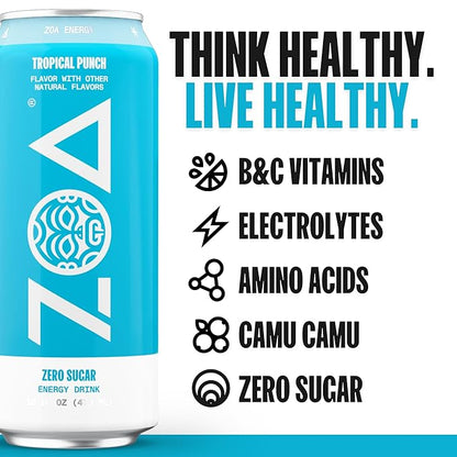 ZOA Zero Sugar Energy Drinks, Tropical Punch - Sugar Free with Electrolytes, Healthy Vitamin C, Amino Acids, Essential B-Vitamins, and Caffeine from Green Tea - 16 Fl Oz (12-Pack)