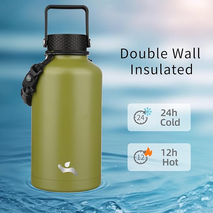 Half Gallon Insulated Water Bottle with Straw,64 oz 3 Lids Water Jug with Carrying Bag,Paracord Handle,Double Wall Vacuum Stainless Steel Metal Flask,Forest Green