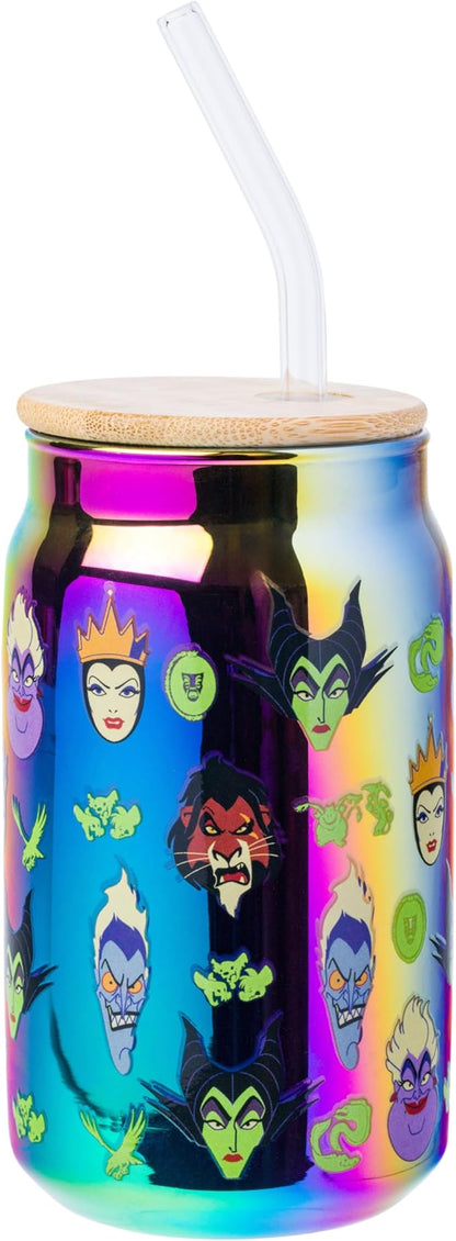 Silver Buffalo Disney Villains Featuring Scar, Maleficent, Ursula, Evil Queen, and Hades Chrome Glass Jar Tumbler with Bamboo Lid and Glass Straw, 16 Ounces