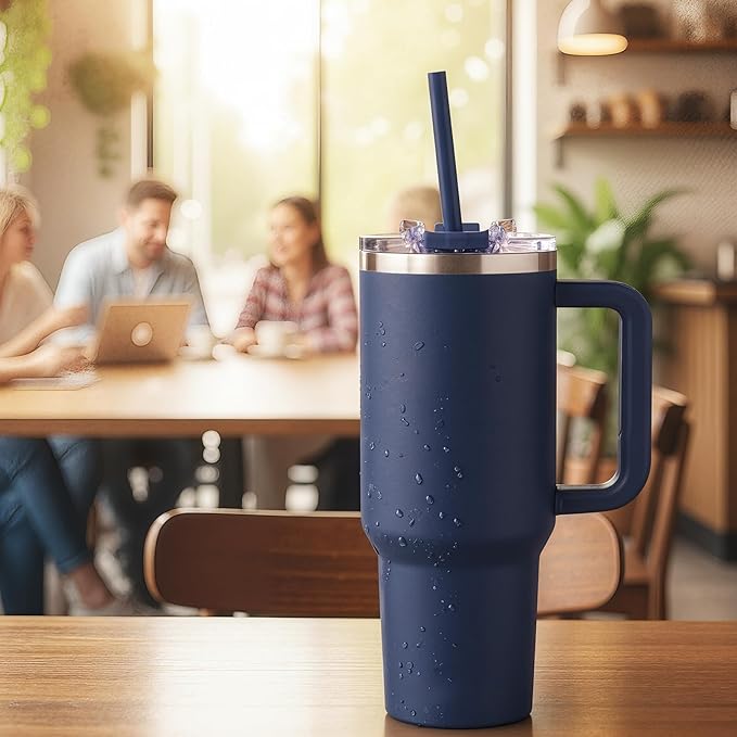 COKTIK 40 oz Tumbler With Handle and Straw Lid, Vacuum Insulated Travel Coffee Mug Stainless Steel Insulated Cup for Beverages, Leak-proof, Cupholder Friendly(Navy)