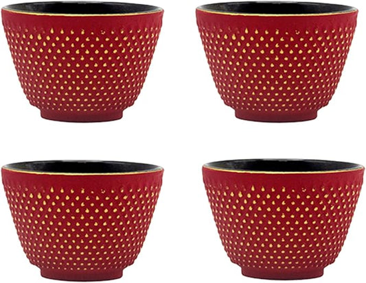 Japanese Cast Iron Tea Cups, Small and Heavy Teacups with no Handles, Japanese Style Cups for Adults, Asian Teacup, Coated with Enameled Interior, 4 Pcs/Box (Red, 2oz/60ml)