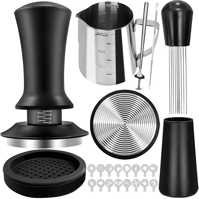 22 PCS Coffee Tamper Set, Espresso Accessories Tampers kit Barista Tools with 51mm Espresso Tamper, WDT Tool, Frothing Pitcher, Coffee Stirrer, Latte Art Pen, Tamper Mat, 16 Coffee Stencils