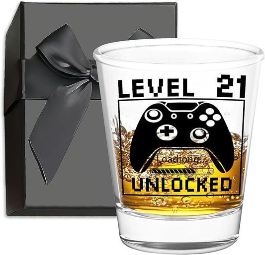 21st Birthday Gifts for Him or Her – Level 21 Unlocked Shot Glass with Black Gift Box, Funny 21st Birthday Present for Men Women Friends, Turning 21 Celebration Gift for Gamer-Themed Parties