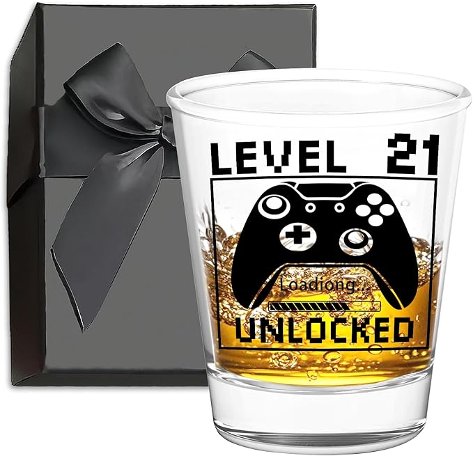 21st Birthday Gifts for Him or Her – Level 21 Unlocked Shot Glass with Black Gift Box, Funny 21st Birthday Present for Men Women Friends, Turning 21 Celebration Gift for Gamer-Themed Parties
