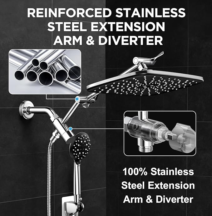 Veken Wide Rain Shower Head with Multi-Modes Handheld Water Spray,High Pressure Showerhead Combo with Arm for Bathroom Accessories,Home Decor Adjustable Dual Shower with Anti-Clog Nozzles,Matte Black