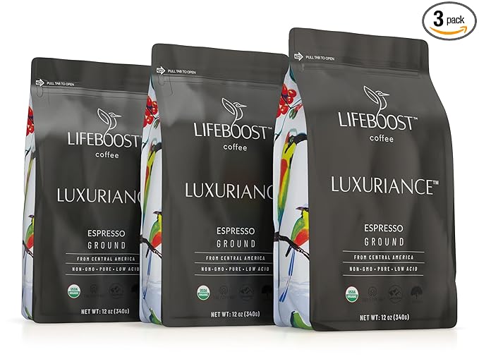 Lifeboost Espresso Ground Coffee - Non-GMO Low Acid Single Origin USDA Organic Espresso Coffee - Third Party Tested For Mycotoxins & Pesticides (Espresso Ground, 12oz, Pack of 3)