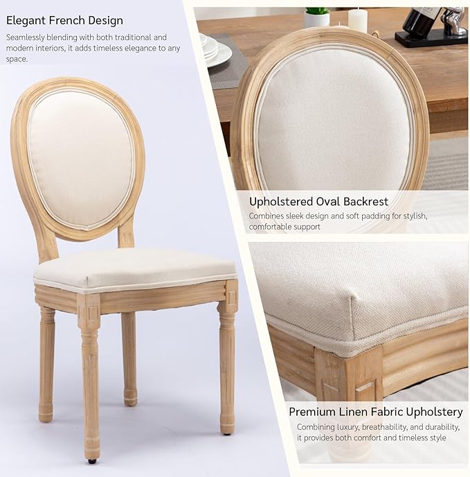 French Country Dining Chairs Set of 4, Vintage Wooden Dining Chairs with Fabric Upholstered Seat&Oval Backrest,Solid Wood Legs&Frame, Farmhouse Kitchen&Living Room Chairs(Beige,4 Pcs)