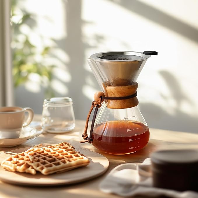 Pour Over Coffee Maker 14 OZ, 4 Cup Borosilicate Glass Drip Coffee Maker with Reusable Stainless Steel Filter and Cork Grip for Home Café 400 ML