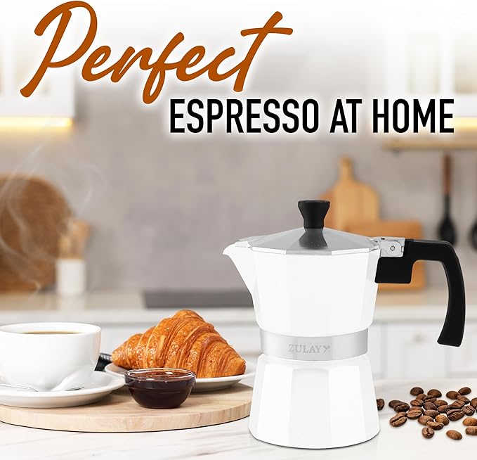 Zulay Moka Pot Espresso Stovetop Coffee Maker - Leak-Proof, Stainless Steel, Easy to Clean, Heat Resistant Handle & Knob - for Authentic Cuban & Italian Style Espresso - Makes 3 Espresso Cups - White