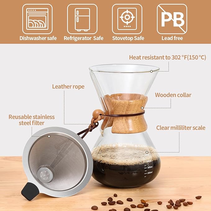 Pour Over Coffee Maker 20 OZ, 6 Cup Borosilicate Glass Drip Coffee Maker with Reusable Stainless Steel Filter and Cork Grip for Home Café 600 ML
