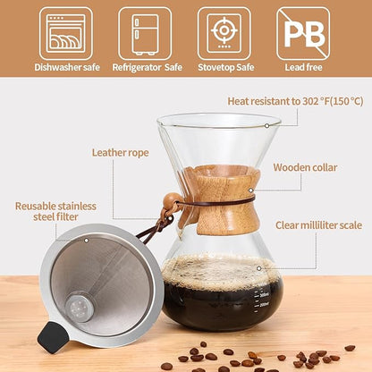 Pour Over Coffee Maker 20 OZ, 6 Cup Borosilicate Glass Drip Coffee Maker with Reusable Stainless Steel Filter and Cork Grip for Home Café 600 ML
