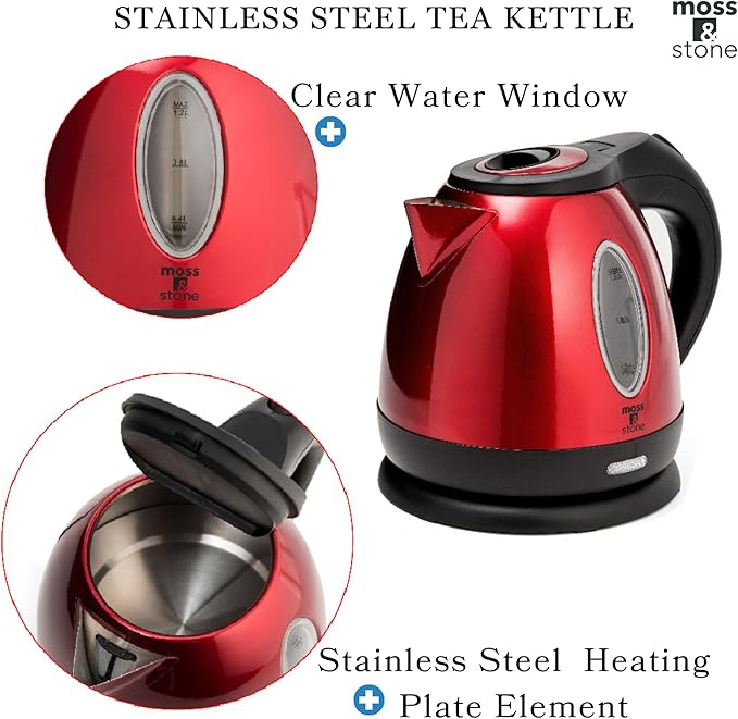 Moss & Stone 1.2L Stainless Steel Small Electric Kettle Red Color, Cordless 1500w Fast Boiling Pot, Portable Hot Water Electric Tea Kettle With Boil Dry Protection & Auto Shut-Off