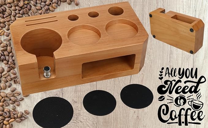 Espresso Tamping Station With Tools - 51, 53, 54 mm - Includes Coffee Tamper, Distributor, Dosing Funnel & Brush - Wooden Coffee Tamper Station - Espresso Organizer & Portafilter Holder
