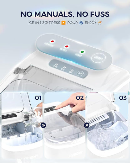EUHOMY Countertop Ice Maker Machine with Handle, 26lbs Per Day, 9 Ice Cubes Ready in 6 Mins, Auto-Cleaning Portable Ice Maker with Basket and Scoop, for Home/Kitchen/Camping/RV (White)