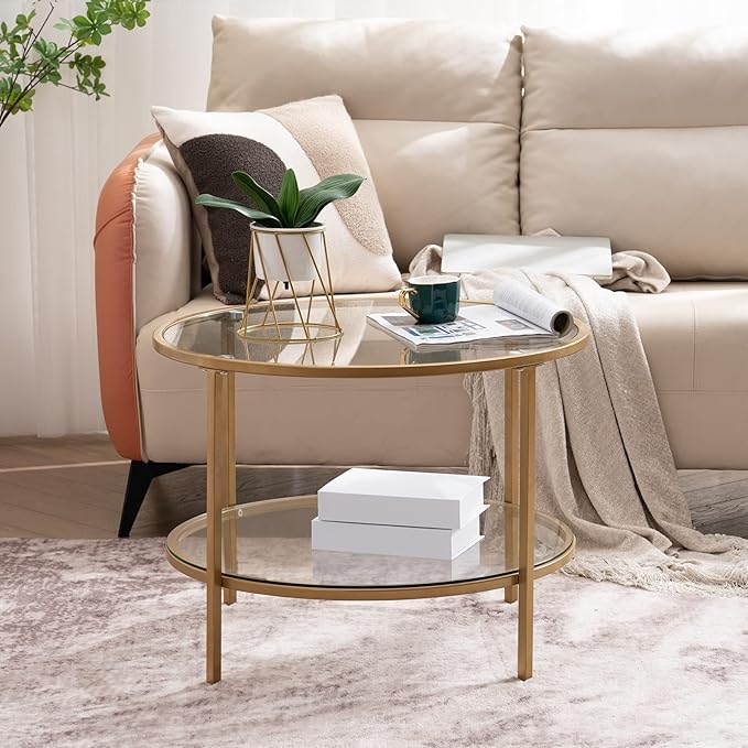 VINGLI 25.6" Round Gold Coffee Tables for Living Room, 2-Tier Glass Top Coffee Table with Storage Clear Coffee, Simple & Modern Center Table for Small Space