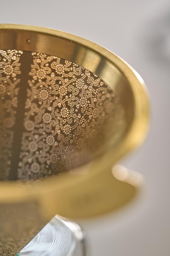 ATHIA Golden Reusable Coffee Filter, Stainless Steel Pour Over Dripper with Laser-etched Mesh Cone, Eco-friendly Paperless Design, Fits Most Mugs, Carafes & Hario Brewers (Golden, Flower Carving)