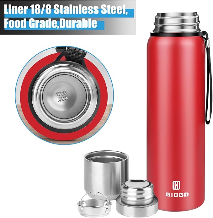 Insulated vacuum Thermo Bottle 1000ml/33.8oz with cup Stainless steel coffee bottles for hot and cold drink water flask.(Red,1000ml)