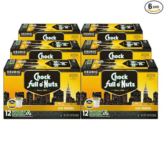 Chock Full o'Nuts Soho Morning Coffee, Mild Roast, Compatible with K-Cup Pods, 12 CT (Pack of 6)