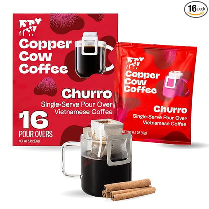 Copper Cow Premium Pour Over Single-Serve Vietnamese Coffee | Churro | Dark Roast | Flavored with Real Cinnamon | Includes 16 Coffees