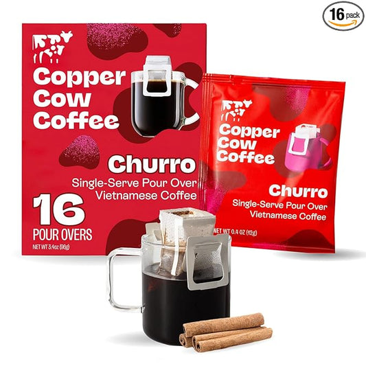 Copper Cow Premium Pour Over Single-Serve Vietnamese Coffee | Churro | Dark Roast | Flavored with Real Cinnamon | Includes 16 Coffees