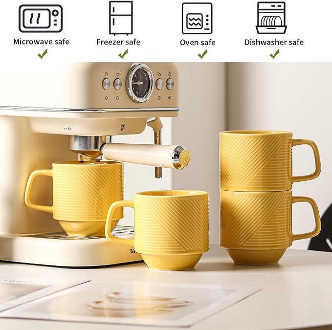 Stackable Coffee Mugs Set: 13 oz Ceramic Stacking Cups for Cappuccino Latte Tea - Microwave Safe Mug for Home & Office - 4 PCS, Light Yellow