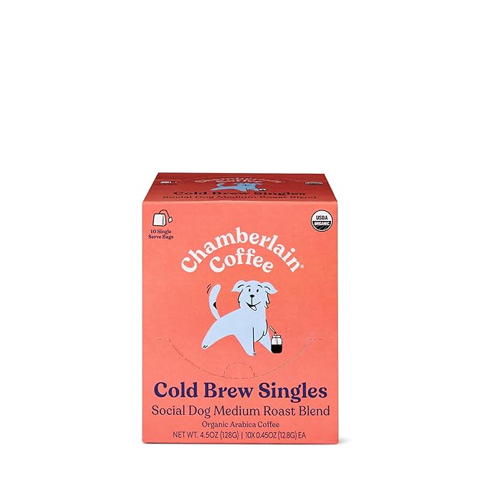 Chamberlain Coffee Social Dog Blend Cold Brew Singles - Full Bodied, Medium Roast Organic Coffee Single Serve Bags with Notes of Sweet Milk Chocolate, Roasted Peanuts, Velvety Brown Sugar & Graham