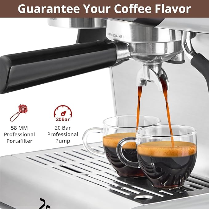 Semi-Automatic Espresso Machine - 1450W/20 Bar Professional Coffee Machine,30Grinder Settings, Fast Heating, Milk Frother Steam Wand, Home & Hotel Use, Silver