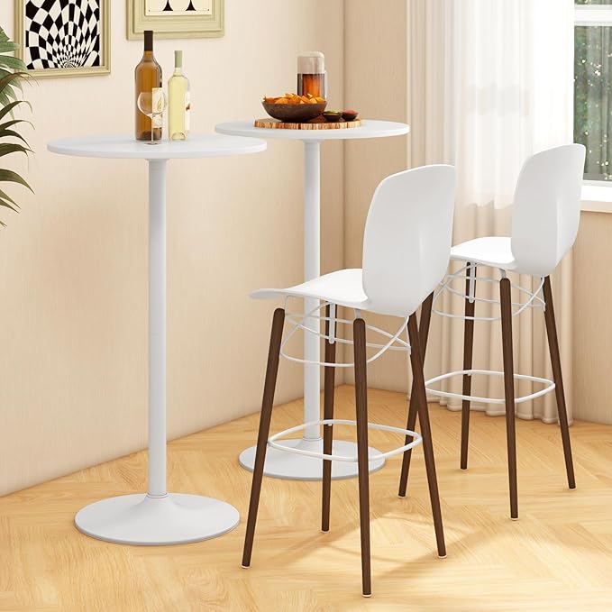 COSTWAY Round Bistro Table, Height Adjustable Bar Height Cocktail Table, High Top Pub Table Snack Table with Heavy-Duty Metal Base for Home Bar, Dining Room, Restaurant, White