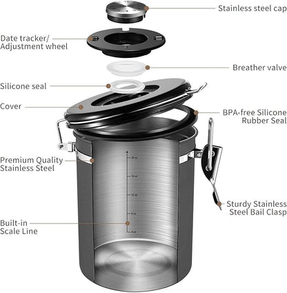 Veken Coffee Canister with Window,Airtight Stainless Steel Kitchen Food Storage Container, Date Tracker & Scoop for Grounds Coffee, Beans, Tea, Flour, Cereal,Sugar,22OZ,Grey