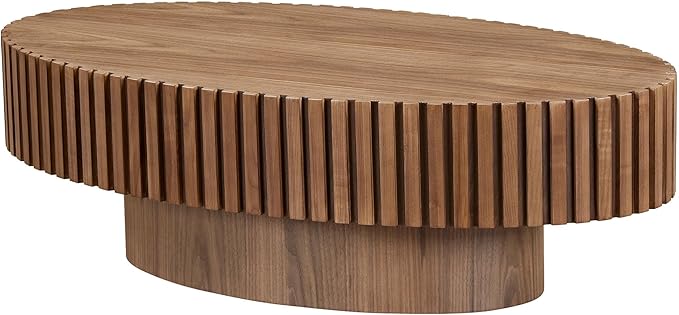 43.7 Inch Oval Drum Coffee Table, Modern Handcraft Fluted Drum Coffee Table, Wooden Round Coffee Table Center Table with Sturdy Pedestal for Living Room Apartment (Walnut)