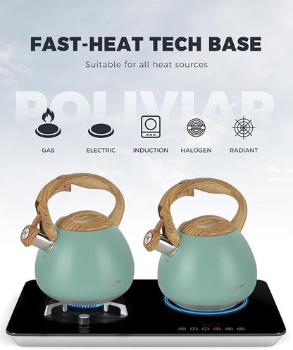 POLIVIAR Tea Kettle, 2.7 Quart Blue Finish with Wood Pattern Handle Loud Whistle Food Grade Stainless Steel Teapot, Anti-Hot Handle and Anti-Rust, Suitable for All Heat Sources JX2025-TB30