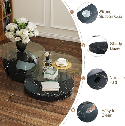 42 Inch Glass Coffee Table，Round Coffee Table with 2-Tier Tempered Glass Tabletop，Easy to Clean Circle Coffee Table with Sturdy Base for Living Room，Office (Black Marble Colored Base