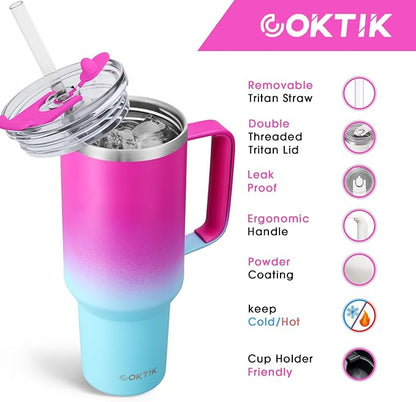 COKTIK 40 oz Tumbler With Handle and Straw Lid, Vacuum Insulated Travel Coffee Mug Stainless Steel Insulated Cup for Beverages, Leak-proof, Cupholder Friendly (Rose Plum)