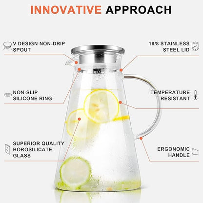 SUSTEAS 2.0 Liter 68oz Glass Pitcher with Lid, Easy Clean Heat Resistant Glass Water Carafe with Handle for Hot/Cold Beverages - Water, Cold Brew, Iced Tea & Juice, With 1 Long-Handled Brush Included