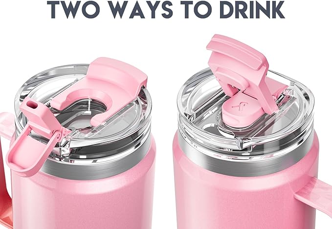 Meoky 32 oz Tumbler with Handle, Insulated Tumbler with Lid and Straw, Stainless Steel Travel Mug, 100% Leak Proof, Keeps Cold for 24 Hours or Hot for 8 Hours, Fits in Car Cup Holder (Flamingo)